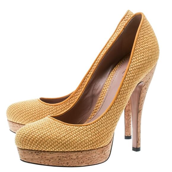 Gucci Yellow Woven Jute Bumblebee Cork Platform Pumps Size 37 - Picture 4 of 4